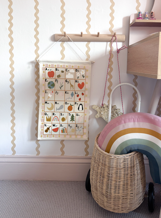 Small Portrait Alphabet Wall Hanging with wooden dowel 25x42cm - pink border