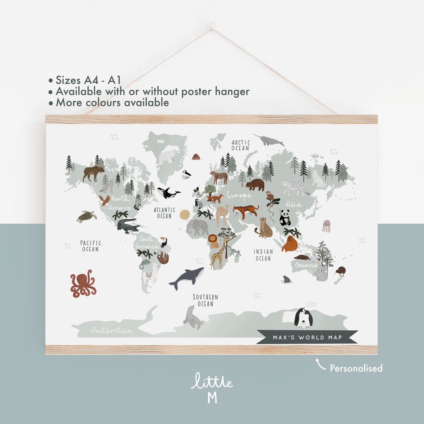 Animal World Map Print Sage - Can be personalised