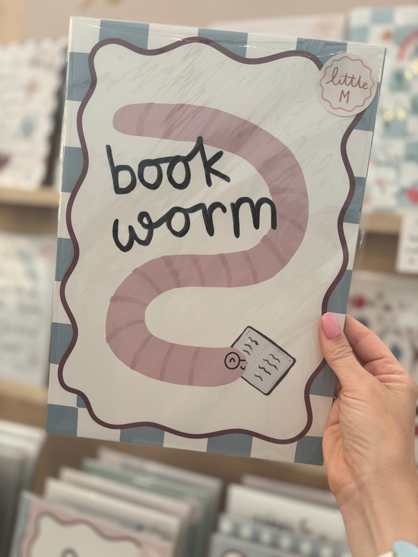 Book Worm Print A4 Blue Checkerboard Birthday Sale