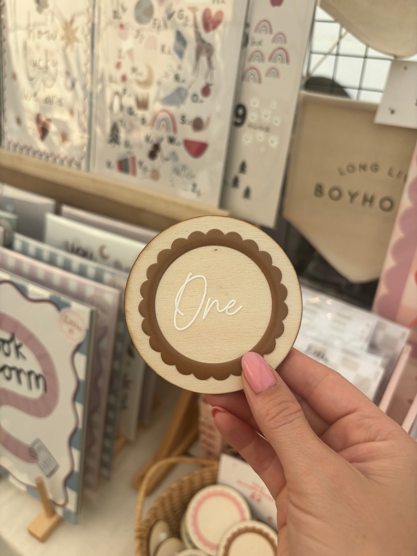 One - Wooden birthday badge with scalloped design 6cm Birthday Sale - more colours available
