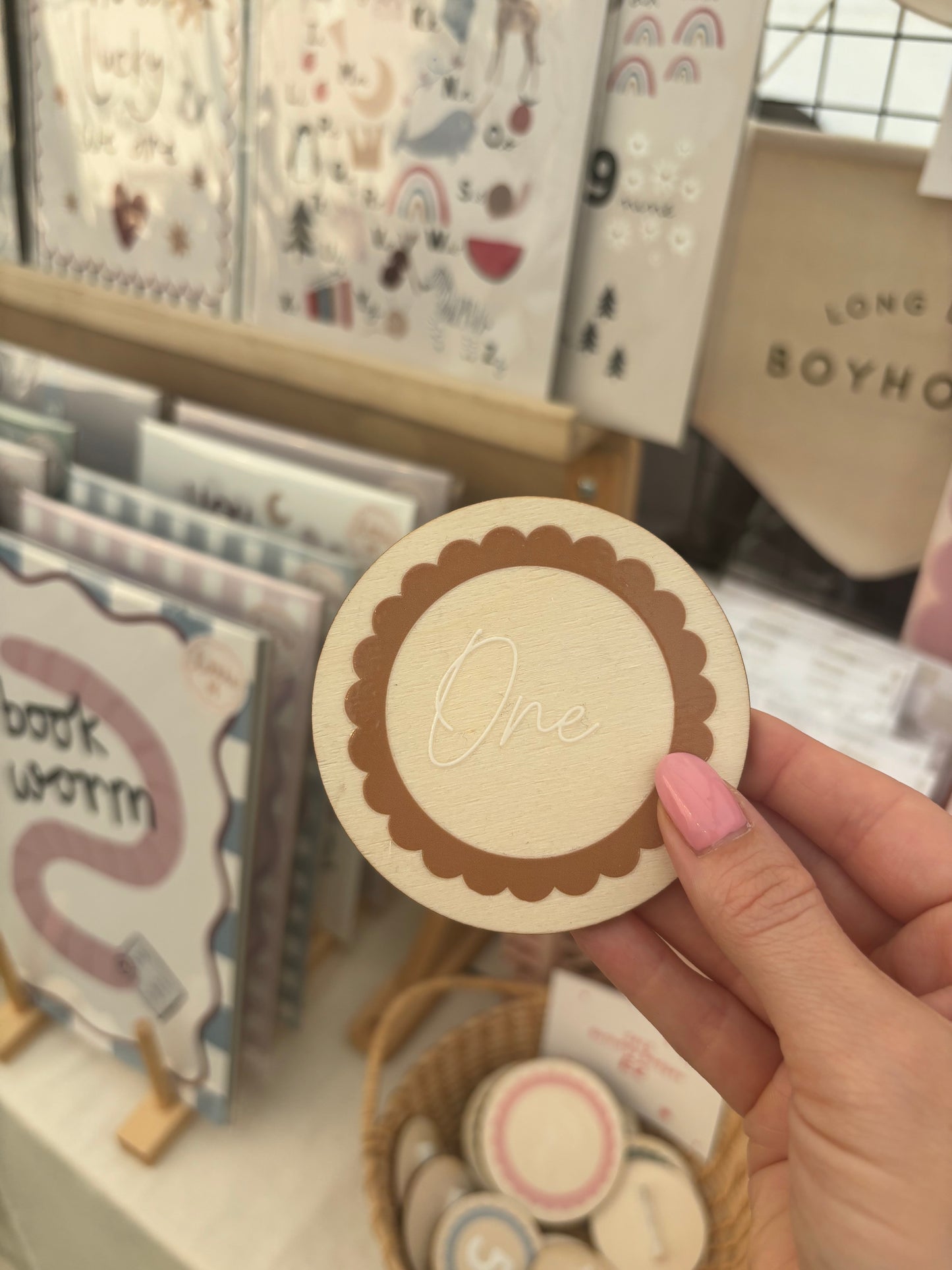 One - Wooden birthday badge with scalloped design 6cm Birthday Sale - more colours available