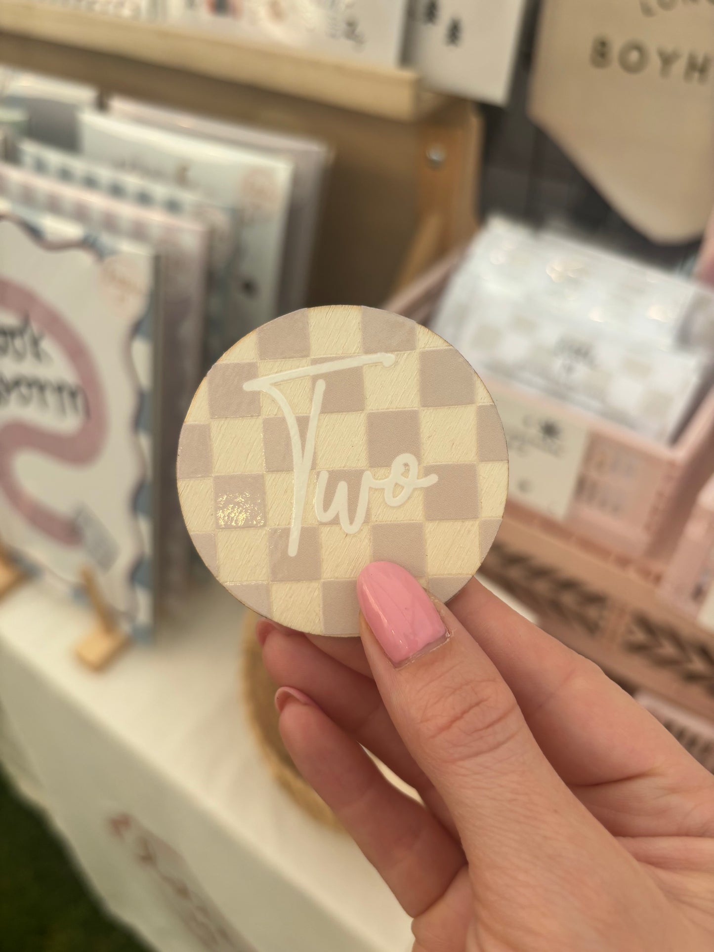 Two Wooden birthday badge with checkerboard design 4cm Birthday Sale