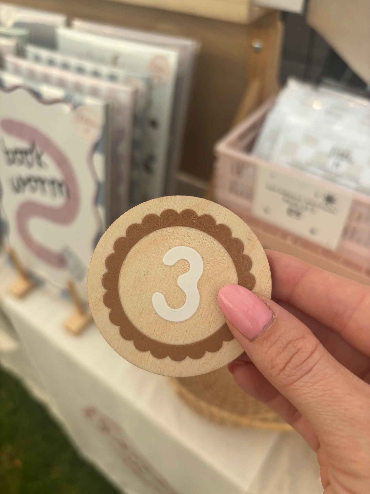 3 - Wooden birthday badge with scalloped design 4cm Birthday Sale - more colours available