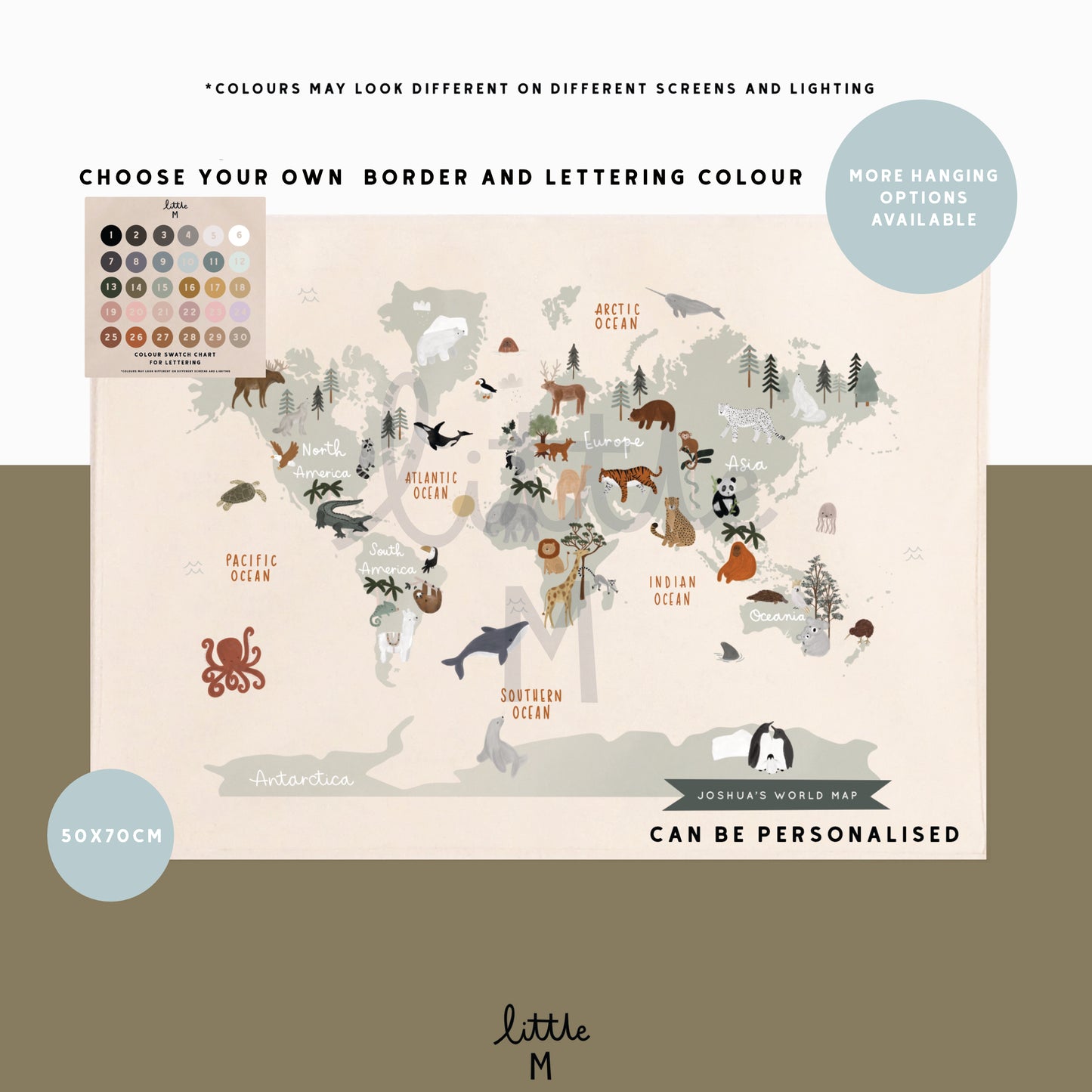 Animal World Map Banner Sage 50x70cm - can be personalised