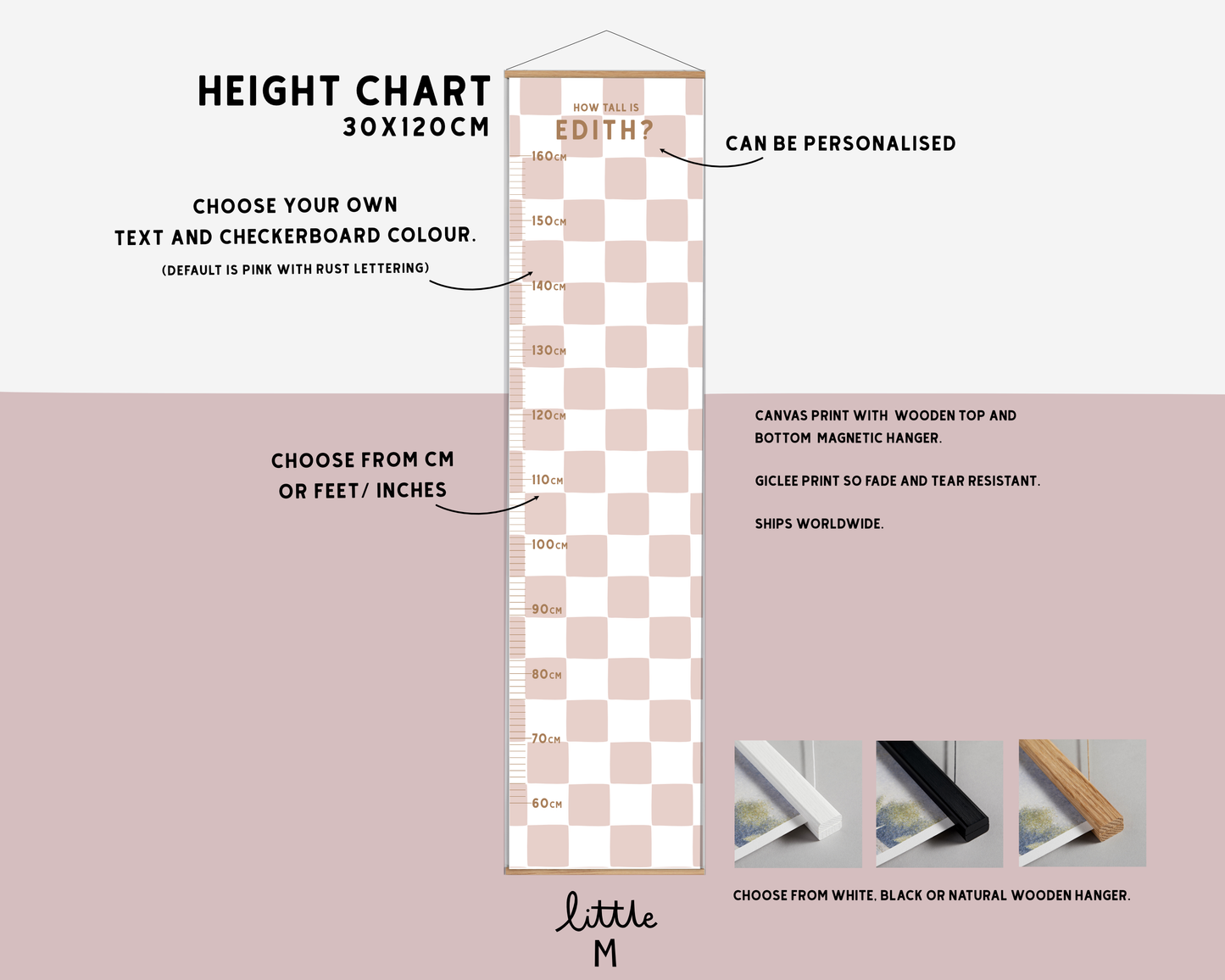 Pink Checkerboard Height Chart - can be personalised, more colours available