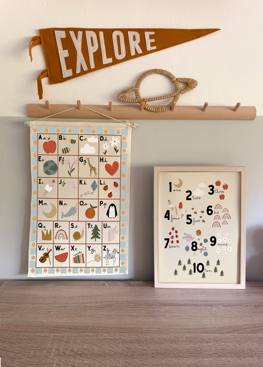 Small Portrait Alphabet Wall Hanging with wooden dowel 25x42cm - blue border