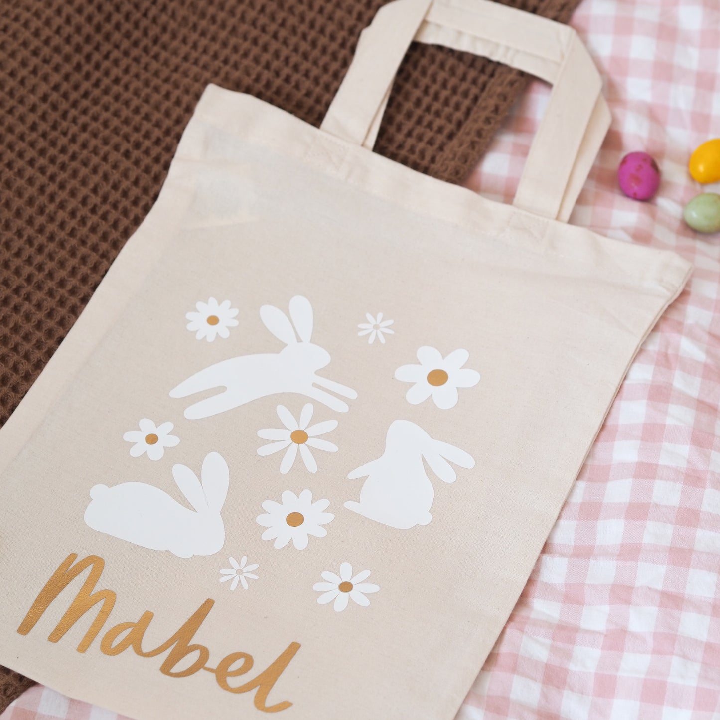 Personalised Easter Bunnies and Daisies Bag - Perfect for Easter Egg Hunts