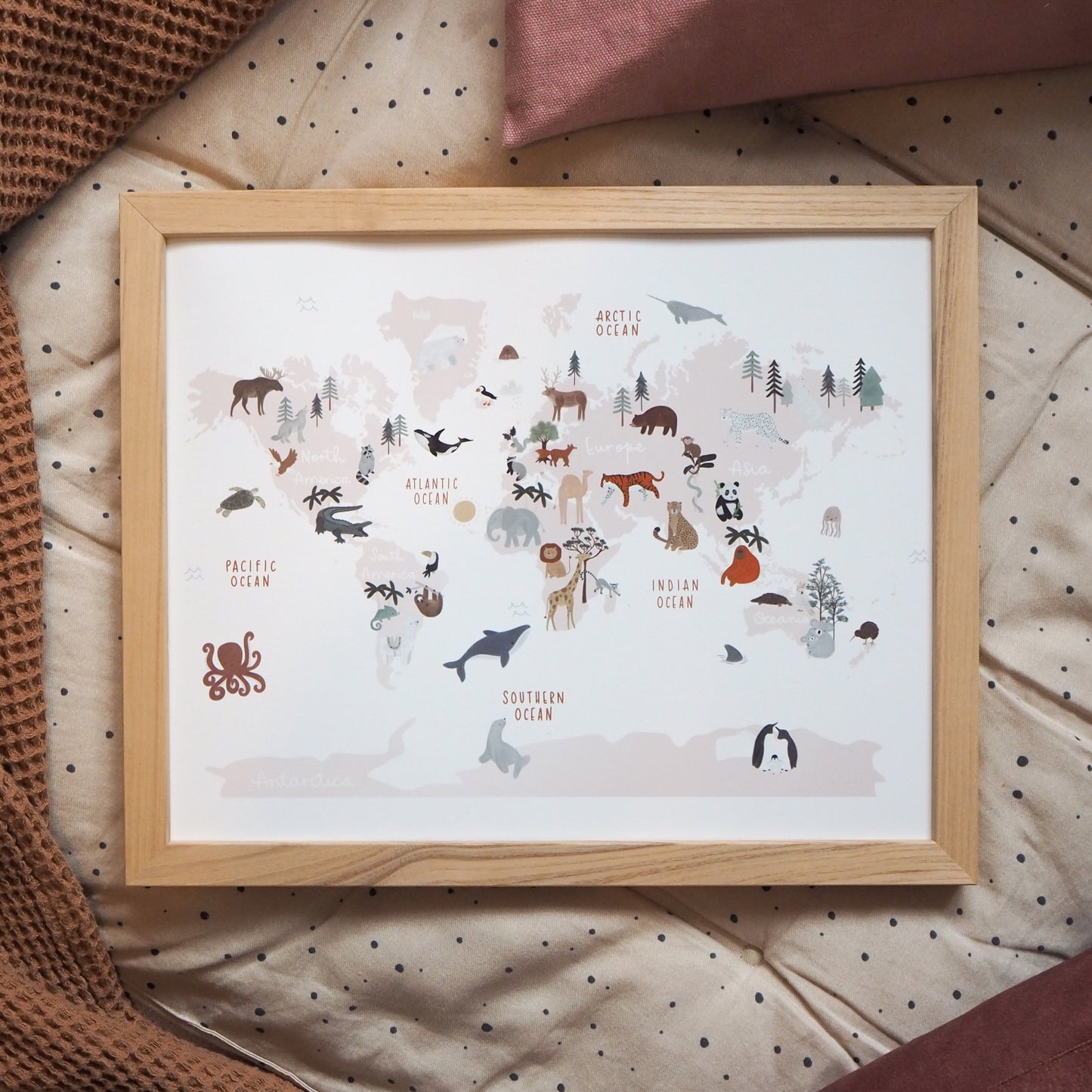 Animal World Map Print Pink - Can be personalised