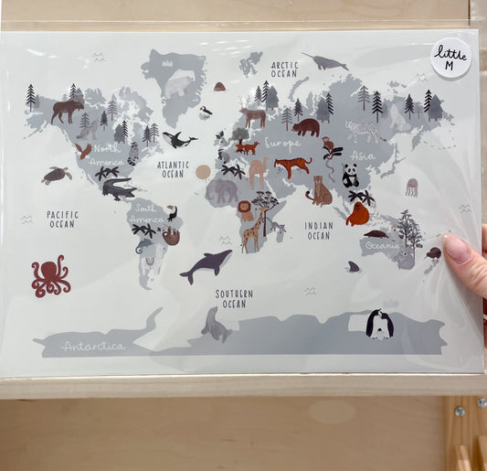 A3 Animal World Map Print - Sample SALE