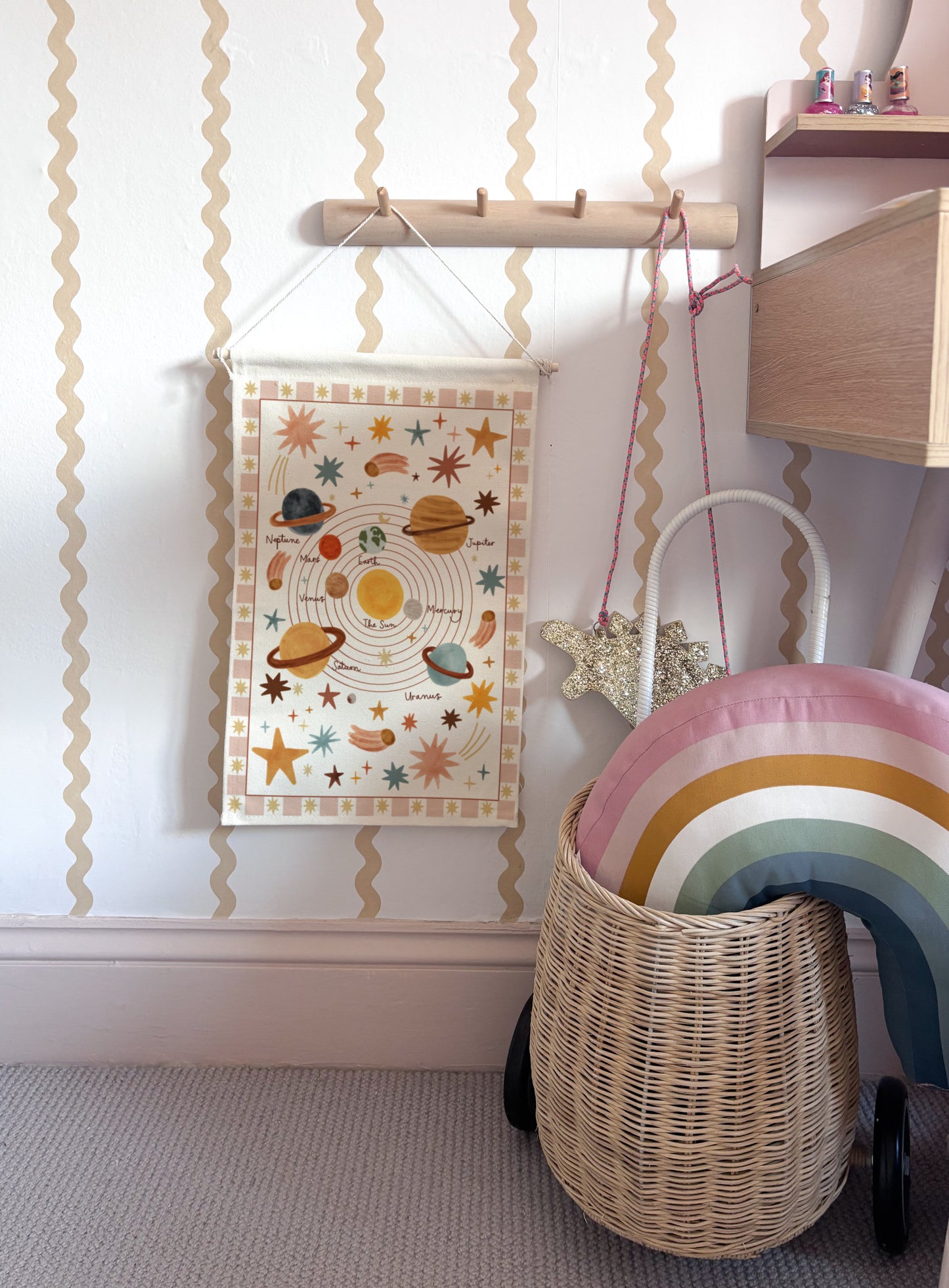 Small Portrait Solar System Wall Hanging with wooden dowel 25x42cm - pink border