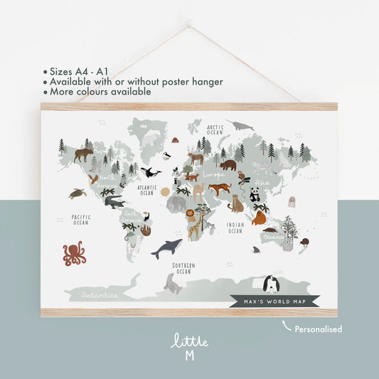Animal World Map Print Sage - Can be personalised