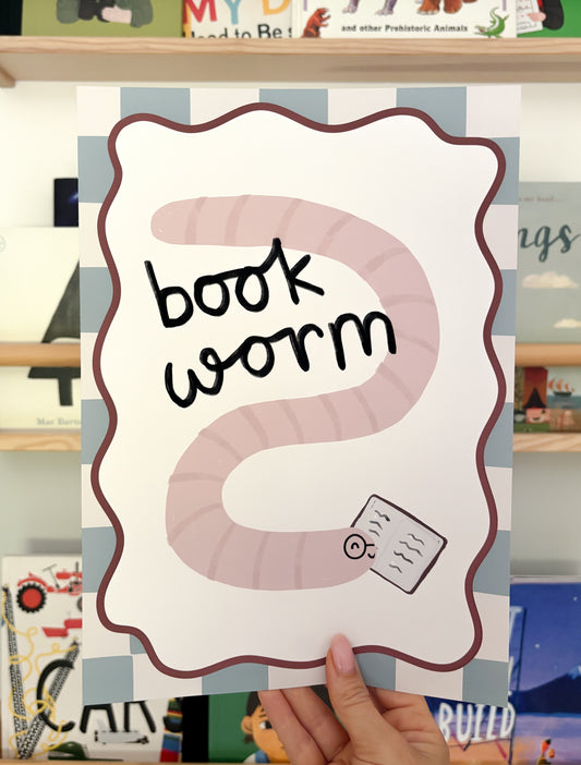 Book Worm Checkerboard Print - background colour can be changed
