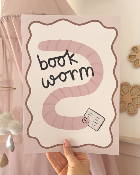 Book Worm pink Print - background colour can be changed