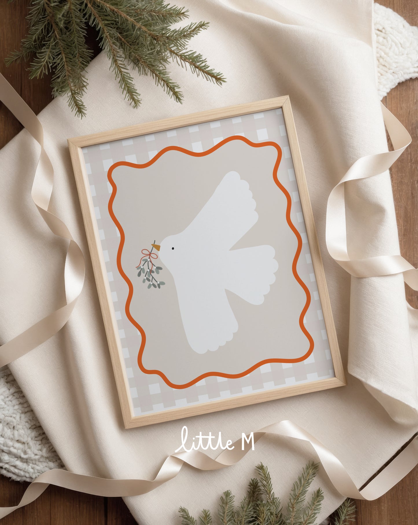 CHRISTMAS MARKET NIGHT Peace bird Christmas gingham print