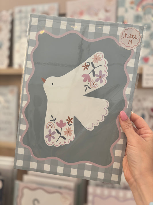 Floral Bird Green Gingham Print A4 Birthday Sale