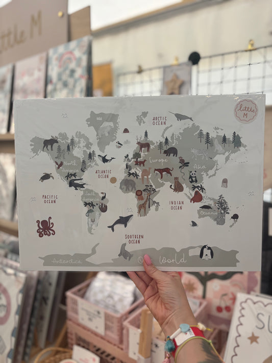 Animal World Map Print Sage A3 Birthday Sale