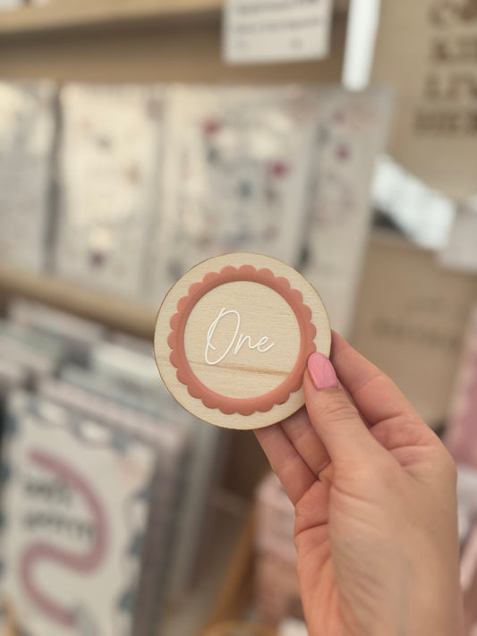 One - Wooden birthday badge with scalloped design 6cm Birthday Sale - more colours available