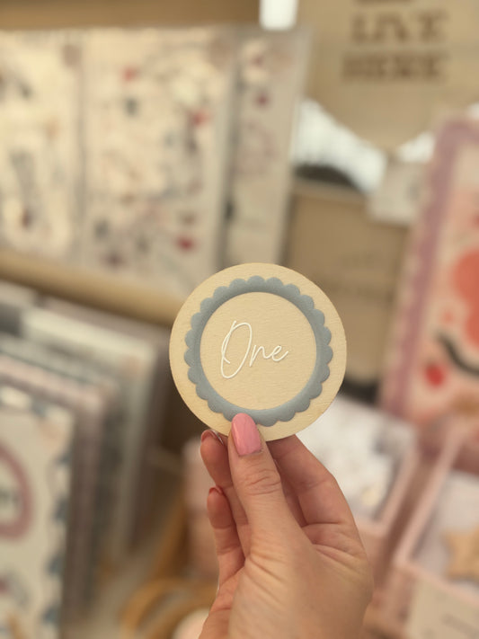 One - Wooden birthday badge with scalloped design 6cm Birthday Sale - more colours available