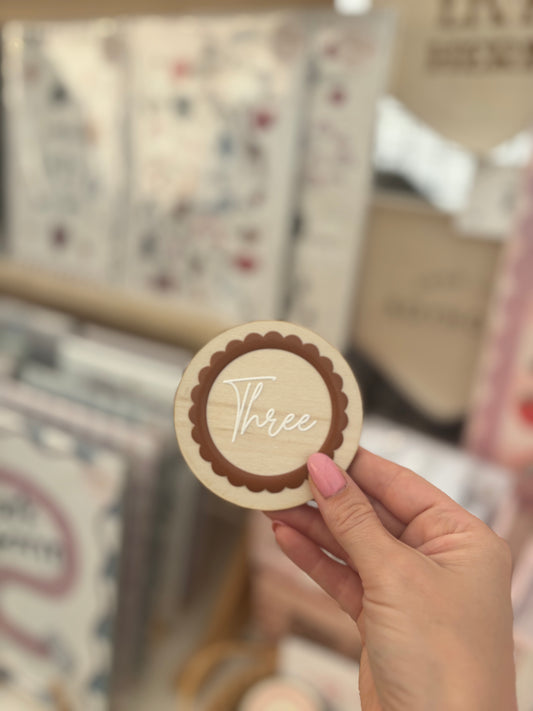 Three - Wooden birthday badge with scalloped design 6cm Birthday Sale