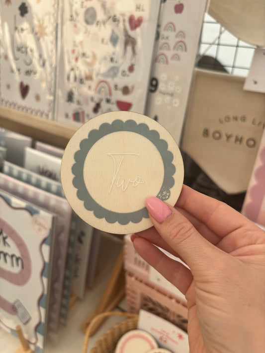 Two - Wooden birthday badge with scalloped design 6cm Birthday Sale - more colours available