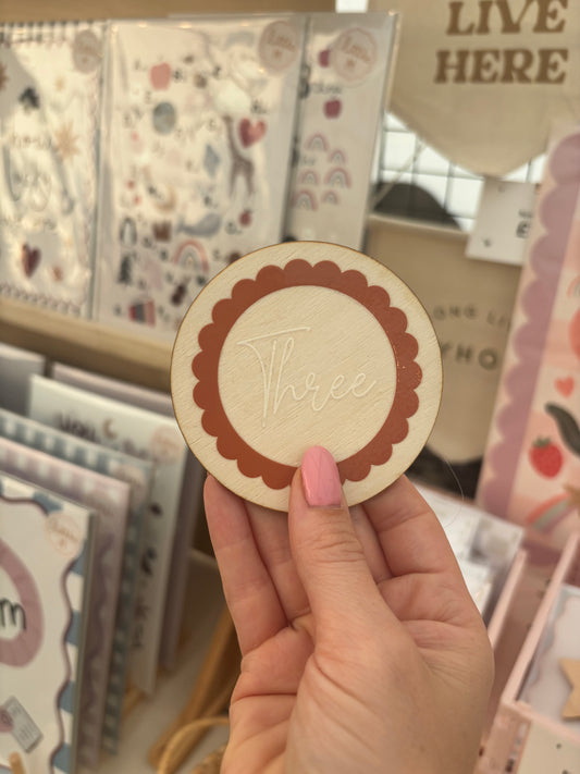 Three - Wooden birthday badge with scalloped design 6cm Birthday Sale