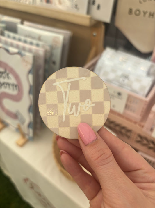 Two Wooden birthday badge with checkerboard design 4cm Birthday Sale