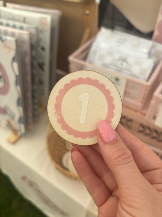 1 - Wooden birthday badge with scalloped design 4cm Birthday Sale