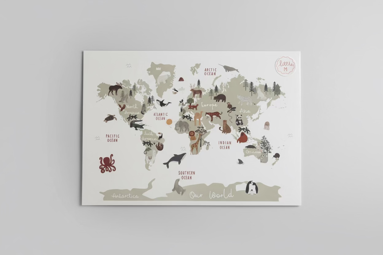 World map poster with animal illustrations on a gray background