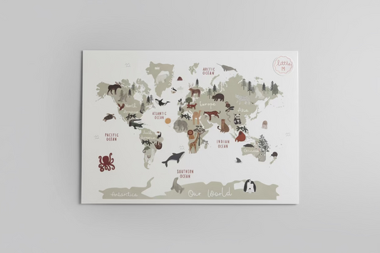 World map poster with animal illustrations on a gray background