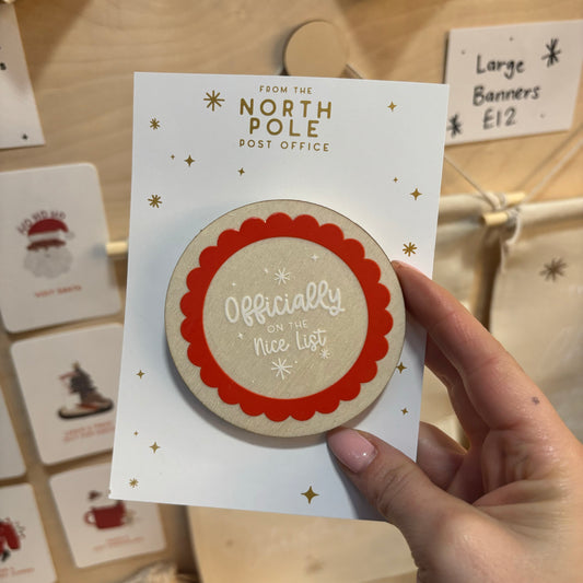 CHRISTMAS MARKET NIGHT Officially On The Nice List Badge Scalloped design