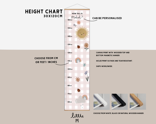 Sunshine and Rainbow Gingham Height Chart - can be personalised