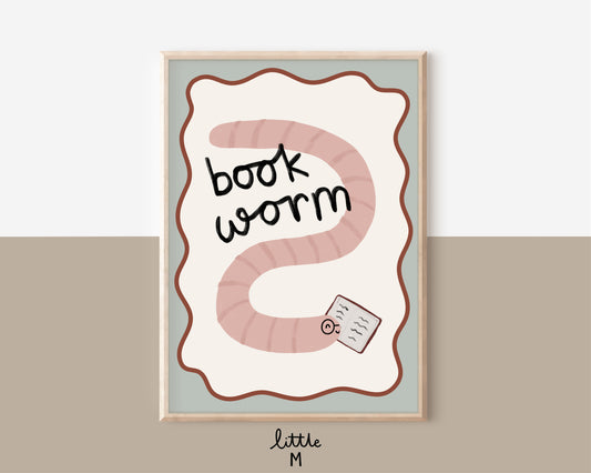 Book Worm sage Print - background colour can be changed