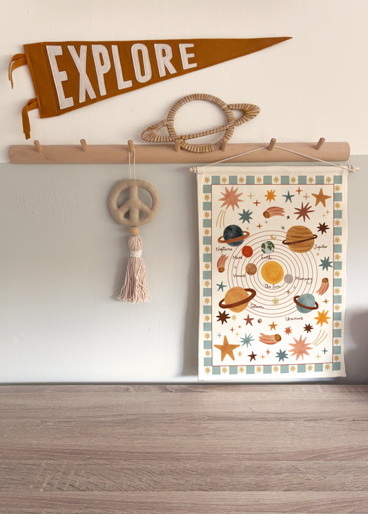 Small Portrait Solar System Wall Hanging with wooden dowel 25x42cm - blue border