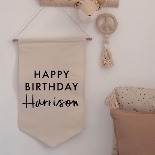 Personalised Happy Birthday Hanging Banner Hand Lettered 30x50cm more fonts available