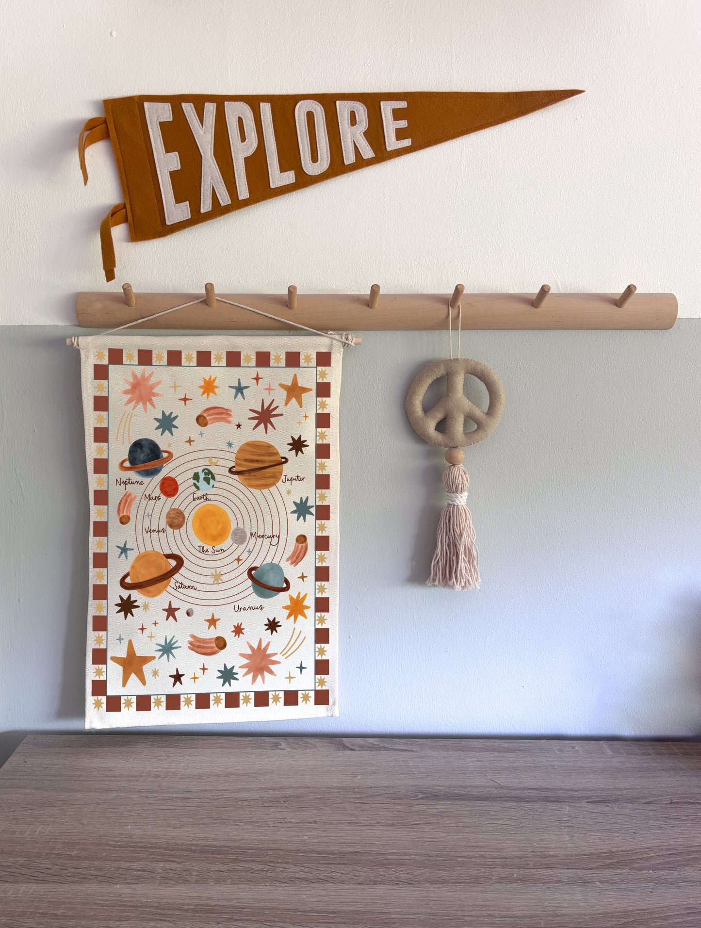 Small Portrait Solar System Wall Hanging with wooden dowel 25x42cm - brick red border