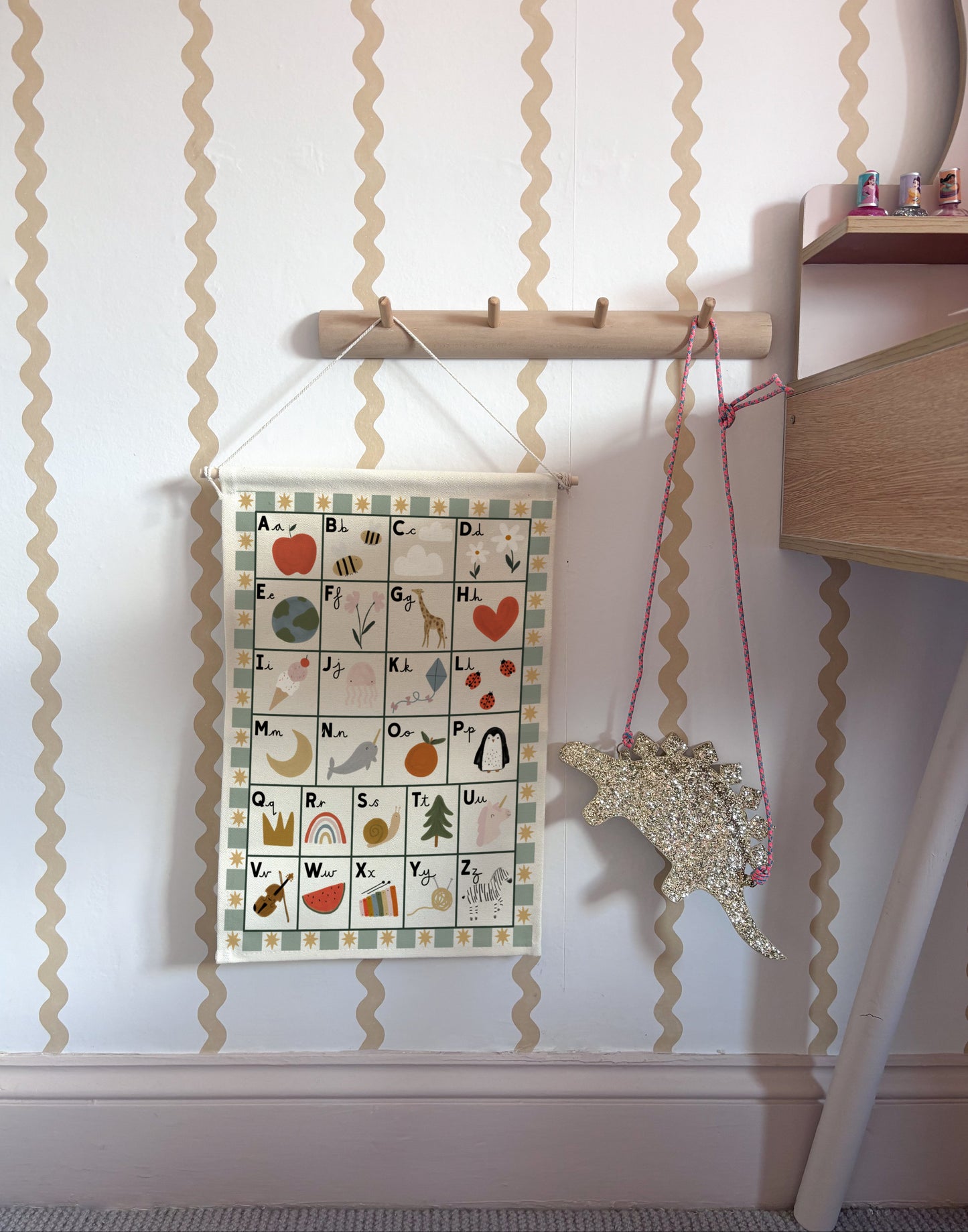 Small Portrait Alphabet Wall Hanging with wooden dowel 25x42cm - sage border