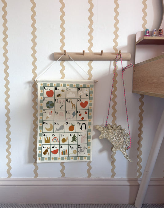 Small Portrait Alphabet Wall Hanging with wooden dowel 25x42cm - sage border