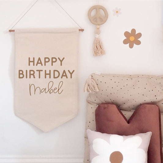 Personalised Happy Birthday Hanging Banner Script 30x50cm more fonts available