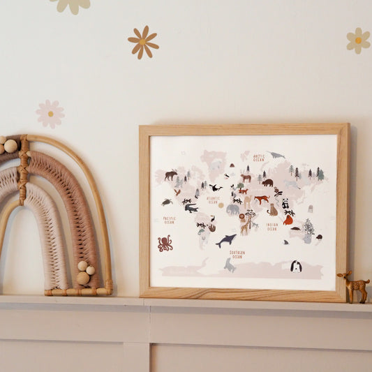Animal World Map Print Pink - Can be personalised