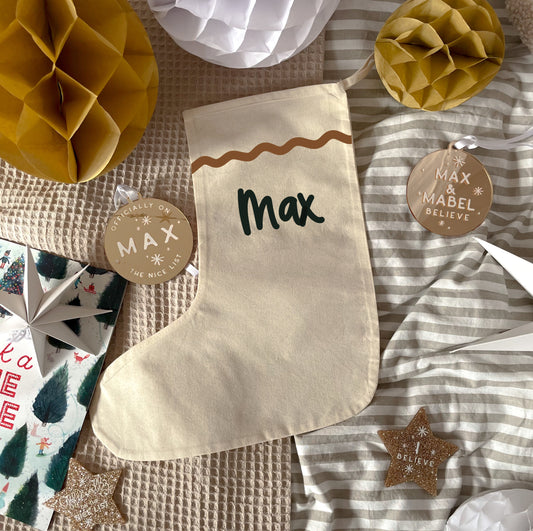 Personalised Stocking With Wavy Border Natural