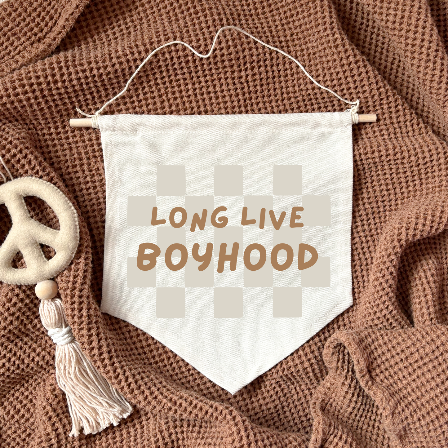 Long Live Boyhood Checkerboard Hanging Banner - 24x24cm more lettering colours available