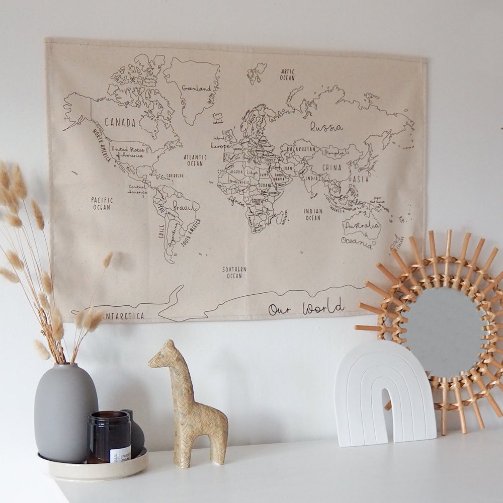 Small World Map Fabric Wall Hanging 68x46cm now with eyelet option