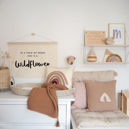 In A Field Of Roses, She Is A Wildflower Wall Hanging - Choose your own lettering colour 70x50cm