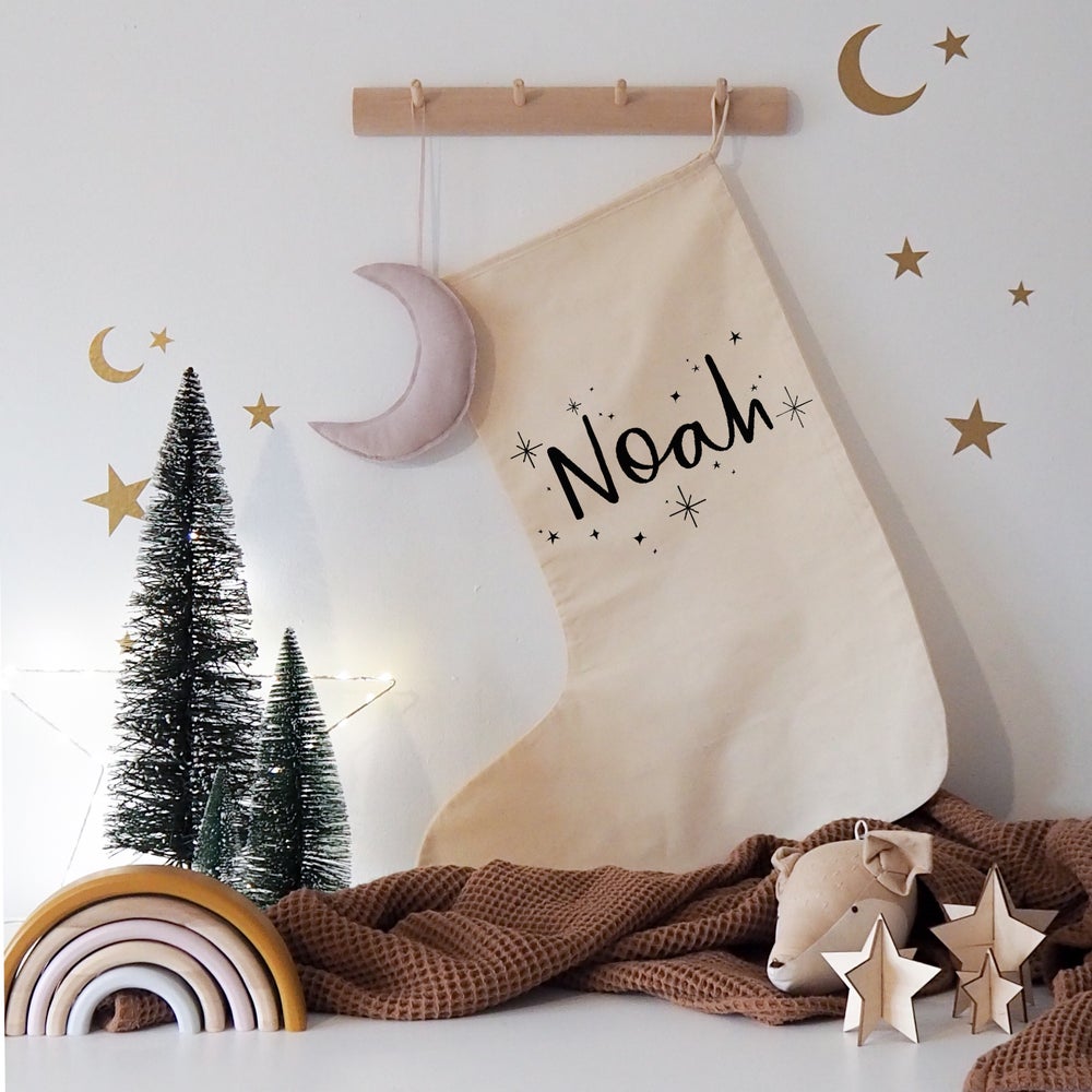 Personalised Stocking With Starry Night Stars White/Natural - 2 sizes